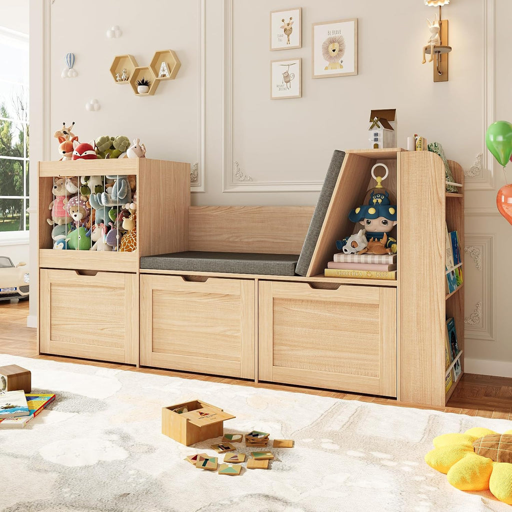 66.9' Kids Reading Nook, Toy Storage Organizer with Stuffed Animal Storage, Bench and Removable Cushions, Wooden Toddler Bookshelf with 3 Movable Drawers for Nursery, Playroom (Oak)
