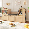 66.9' Kids Reading Nook, Toy Storage Organizer with Stuffed Animal Storage, Bench and Removable Cushions, Wooden Toddler Bookshelf with 3 Movable Drawers for Nursery, Playroom (Oak)