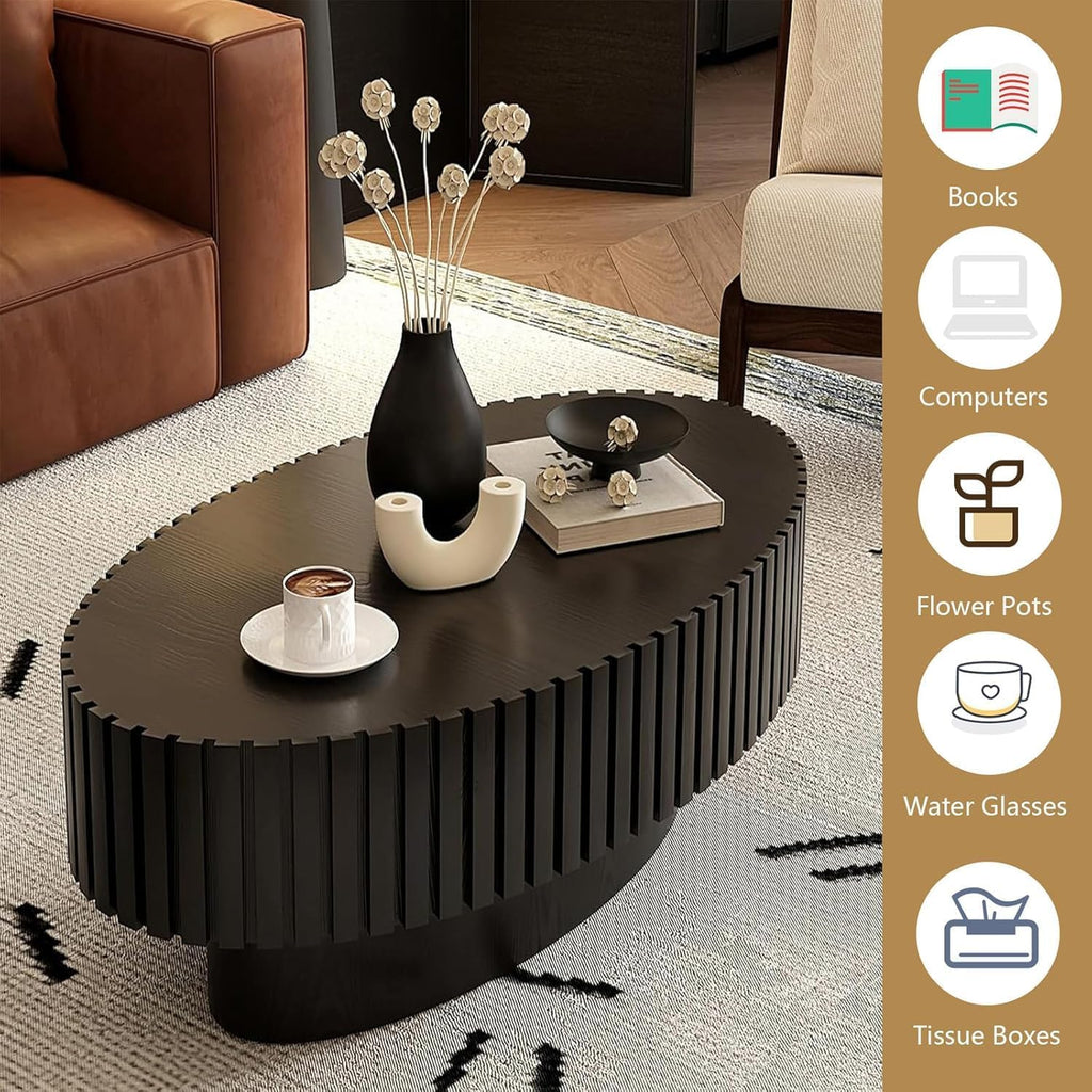 WXFKLDJ Oval Drum Coffee Table Black Fluted Coffee Table Wood Circle Center Table Pedestal End Table for Apartment Living Room (Black Oval)