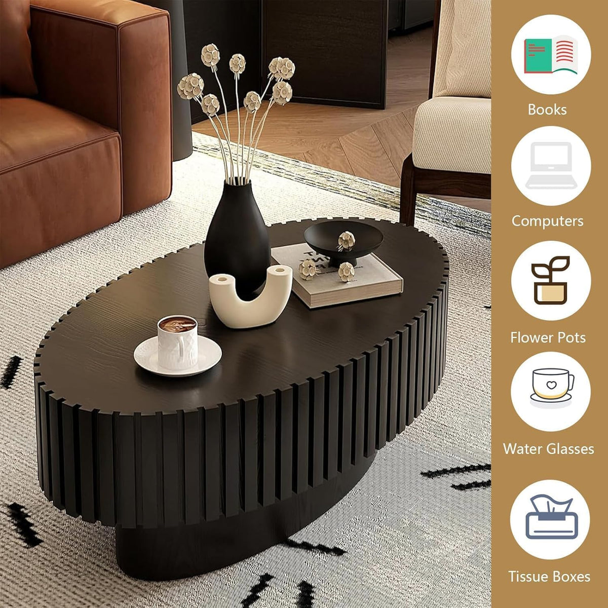 WXFKLDJ Oval Drum Coffee Table Black Fluted Coffee Table Wood Circle Center Table Pedestal End Table for Apartment Living Room (Black Oval)