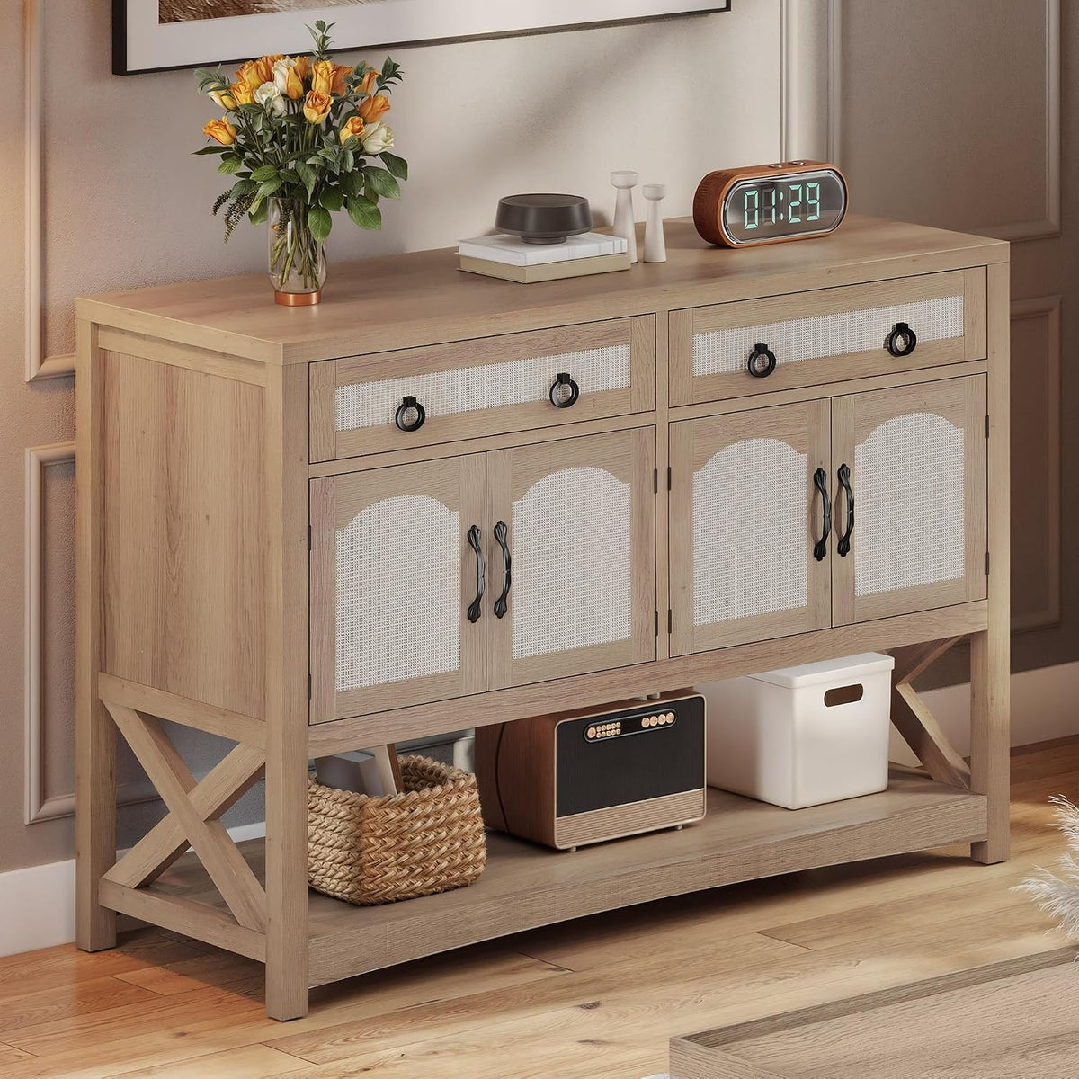 DWVO 47.2' Rattan Buffet Sideboard Cabinet with Storage, Farmhouse Coffee Bar Cabinet w/2 Drawers, 4-Doors Console Table with Adjustable Shelves for Kitchen, Dining Room, Living Room, Entryway (Oak)