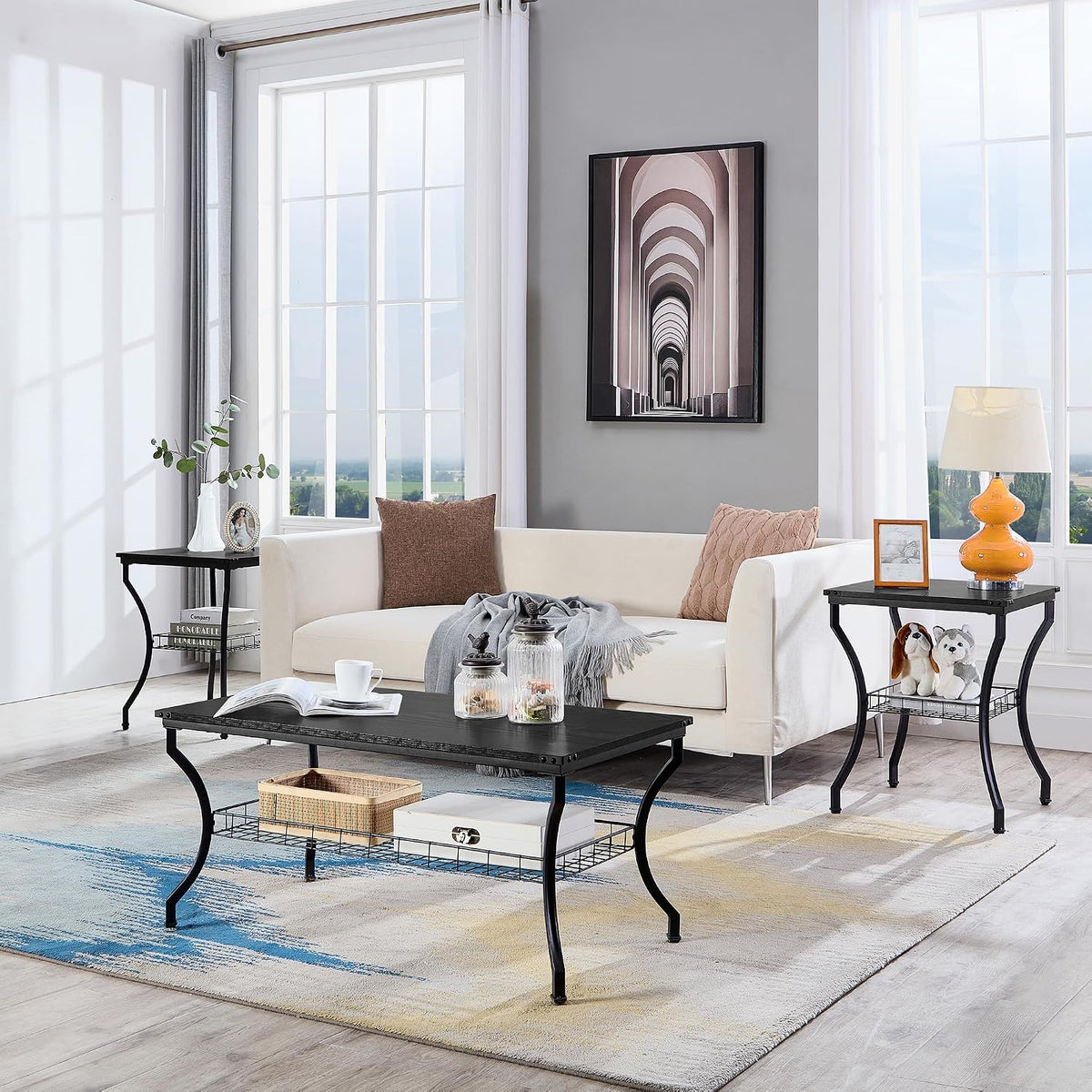 VECELO 3 Pieces Living Room Table Sets, Coffee and End Tables with Open Storage Shelves for Apartment, Home Office, Small Space, Easy Assembly, Black