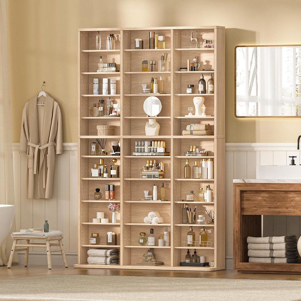 11 Tier Tall Display Cabinet, Natural Media Storage Cabinet with Adjustable Shelves, Free Standing DVD Organizer Shelf, Floor multimedia storage manga bookshelf for Living Room & Home Office.