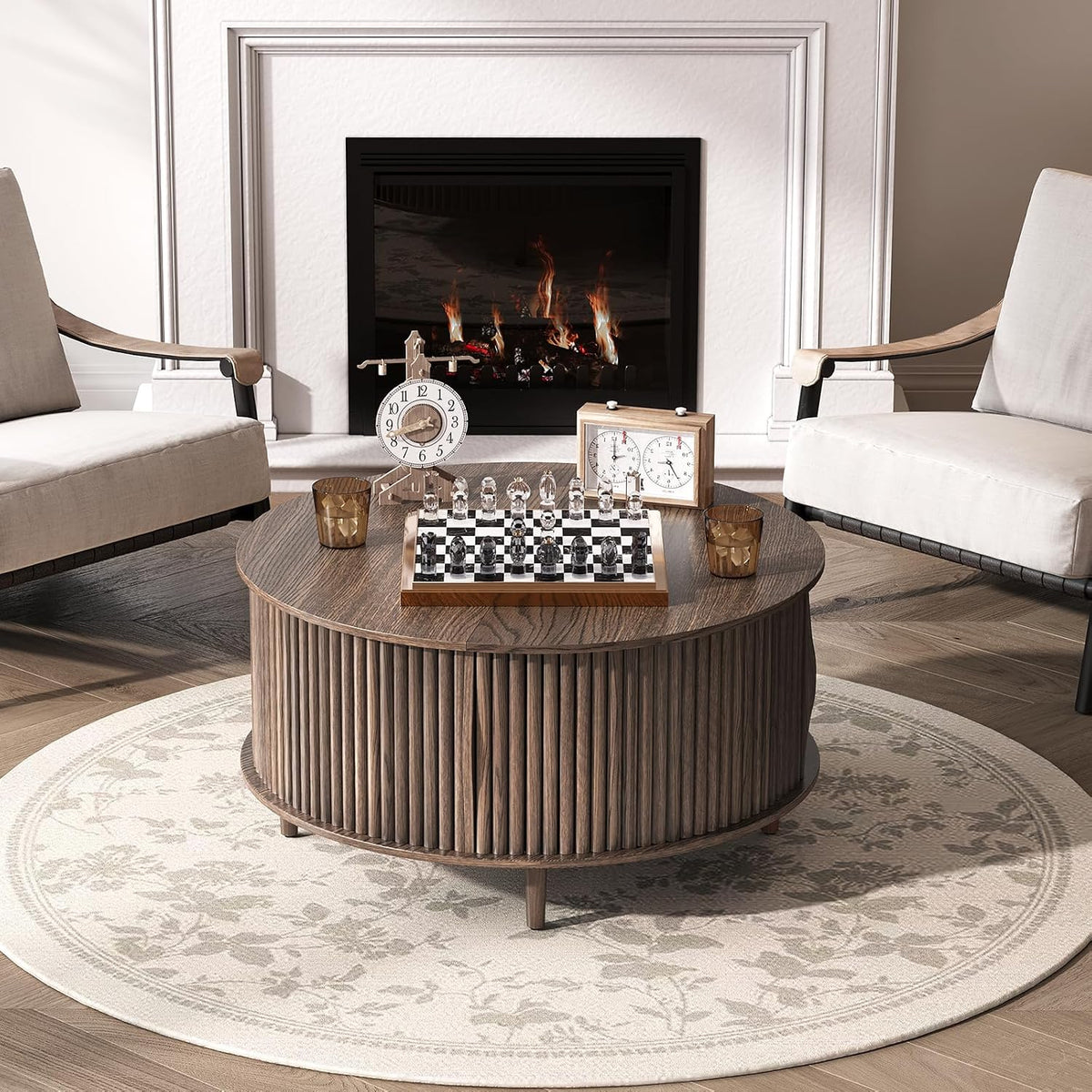 JOINICE Round Coffee Table with Storage, 31.5' Walnut Wood Drum Table, Fluted Circle Center Table for Living Room, Modern Mid Century Furniture with Sliding Door