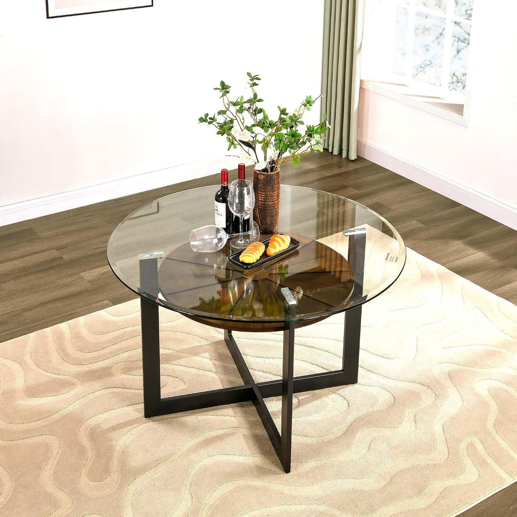 Round 45' Dining Table with 10mm Tempered Glass Top, Circle Dinner Pedestal Table for Dining Room Modern Industrial Kitchen Tables with Wood Brown Shelf and Black Metal Leg Easy Assembly CZ-B2616