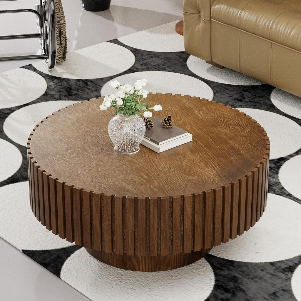 Round Drum Coffee Table 31.5'' Handcraft Fluted Coffee Table Modern Unique Circle Accent Center Table for Living Room with Sturdy Pedestal Gear Easy Assembly for Small Space,31' Round Brown