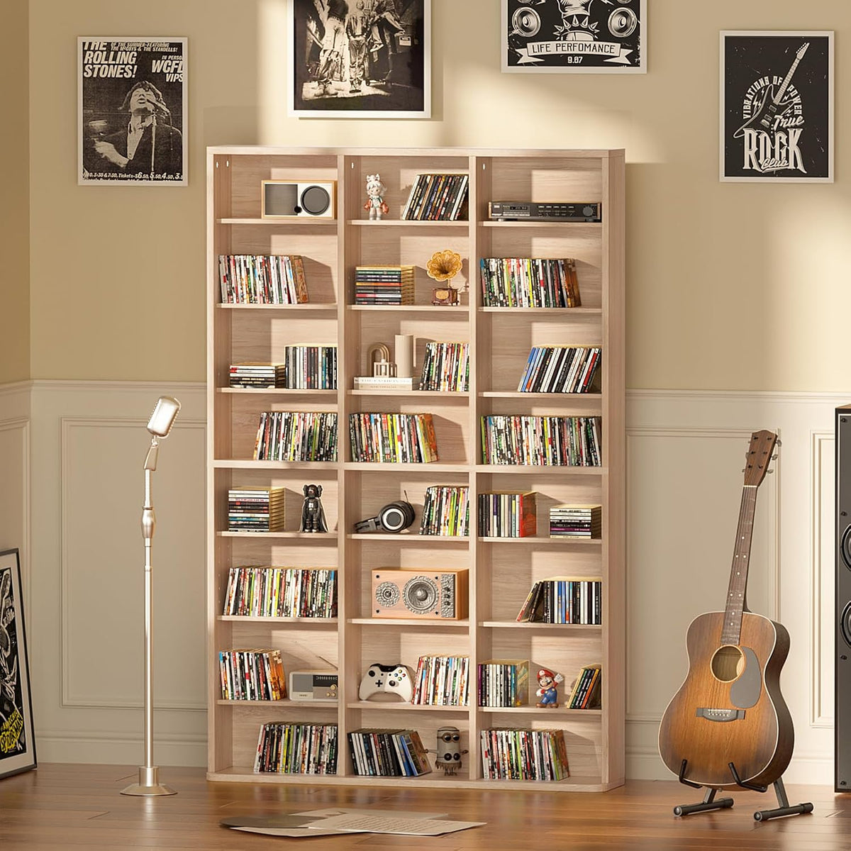 8 Tier Tall Display Cabinet, Natural Media Storage Cabinet with Adjustable Shelves, Free Standing DVD Organizer Shelf, Floor multimedia storage manga bookshelf for Living Room & Home Office.