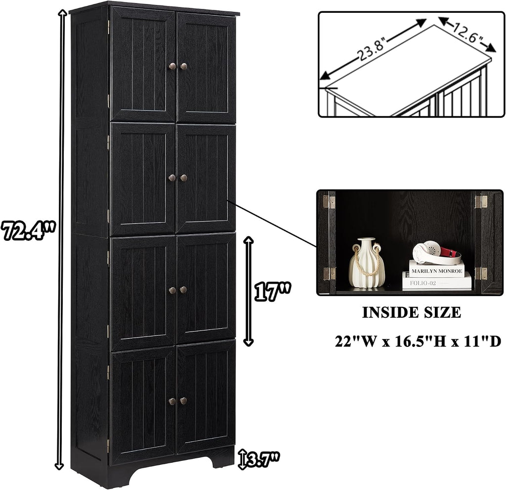 72' H Farmhouse Storage Cabinet, 4 Tier Kitchen Pantry Cabinet with 4 Shelves, 8 Doors Freestanding Floor Storage Cabinet Wooden Organizer Bookcase for Living Room & Kitchen (Black)