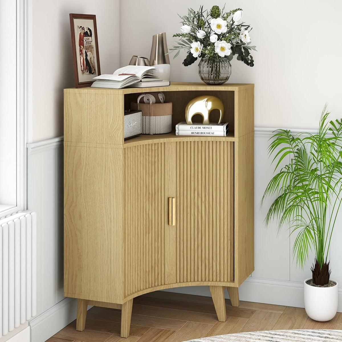Fluted Corner Cabinet with Open Storage, Modern Floor Cabinets with Sliding Doors and 2-Tier Shelves, Freestanding Narrow Organizer for Small Space,Living Room, Dining Room,Natural