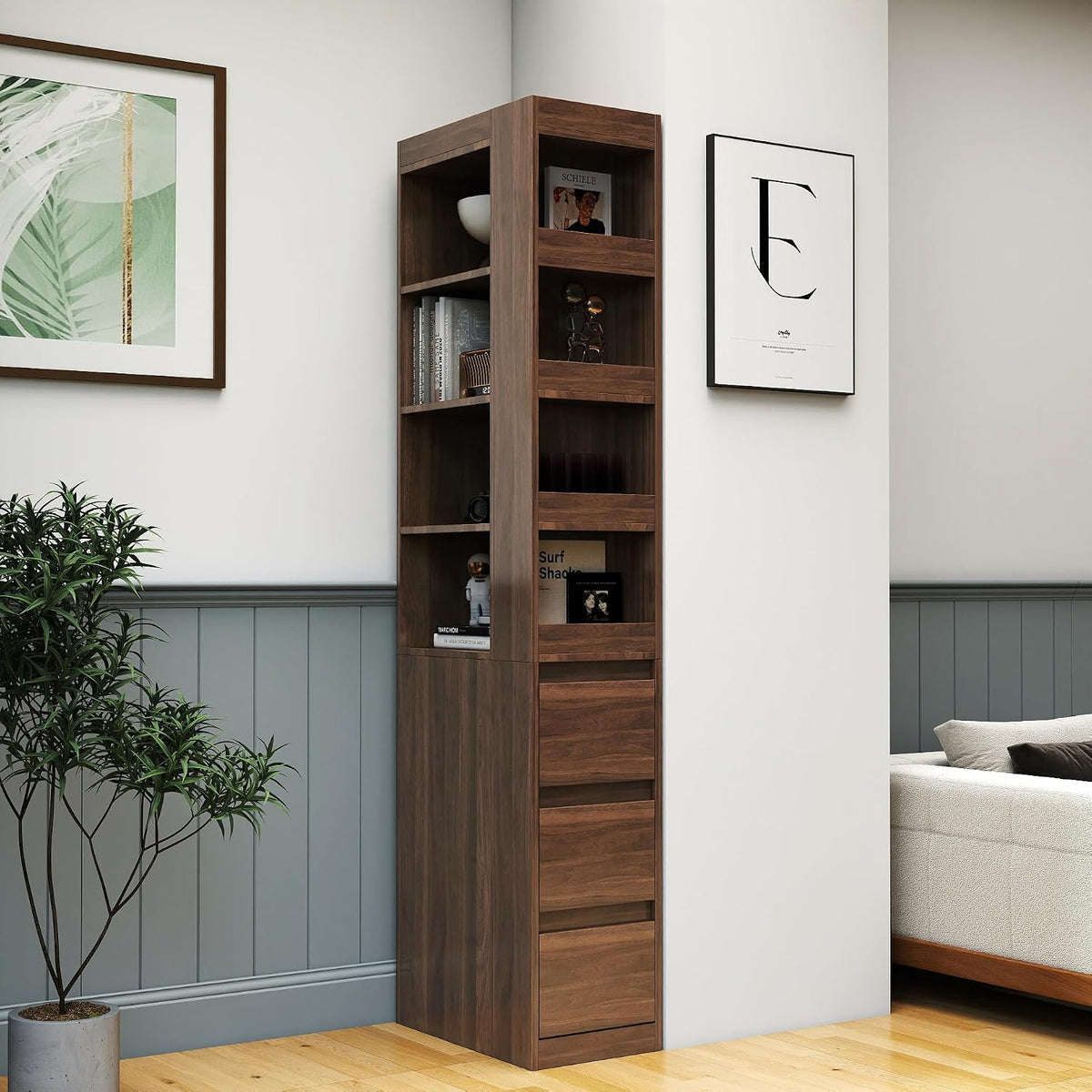 70.87' H Display Storage Cabinet, Narrow Wooden Corner Cabinet with 8-Tier Shelves and 3 Side Drawers, Tall Bookshelf and Bookcase for Living Room Home Office, Walnut