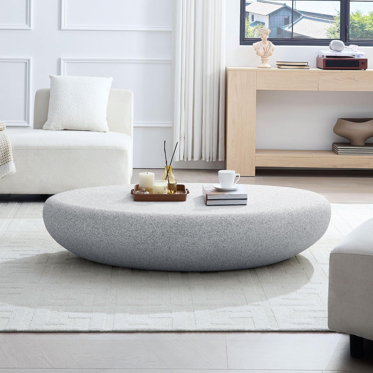 Modern Coffee Tables for Living Room 55.12'' Coffee Table Mid Century Center Large Unique Minimalist Accent Luxury Stone Low Tea Farmhouse Fiberglass No Need Assembly Rock Grey