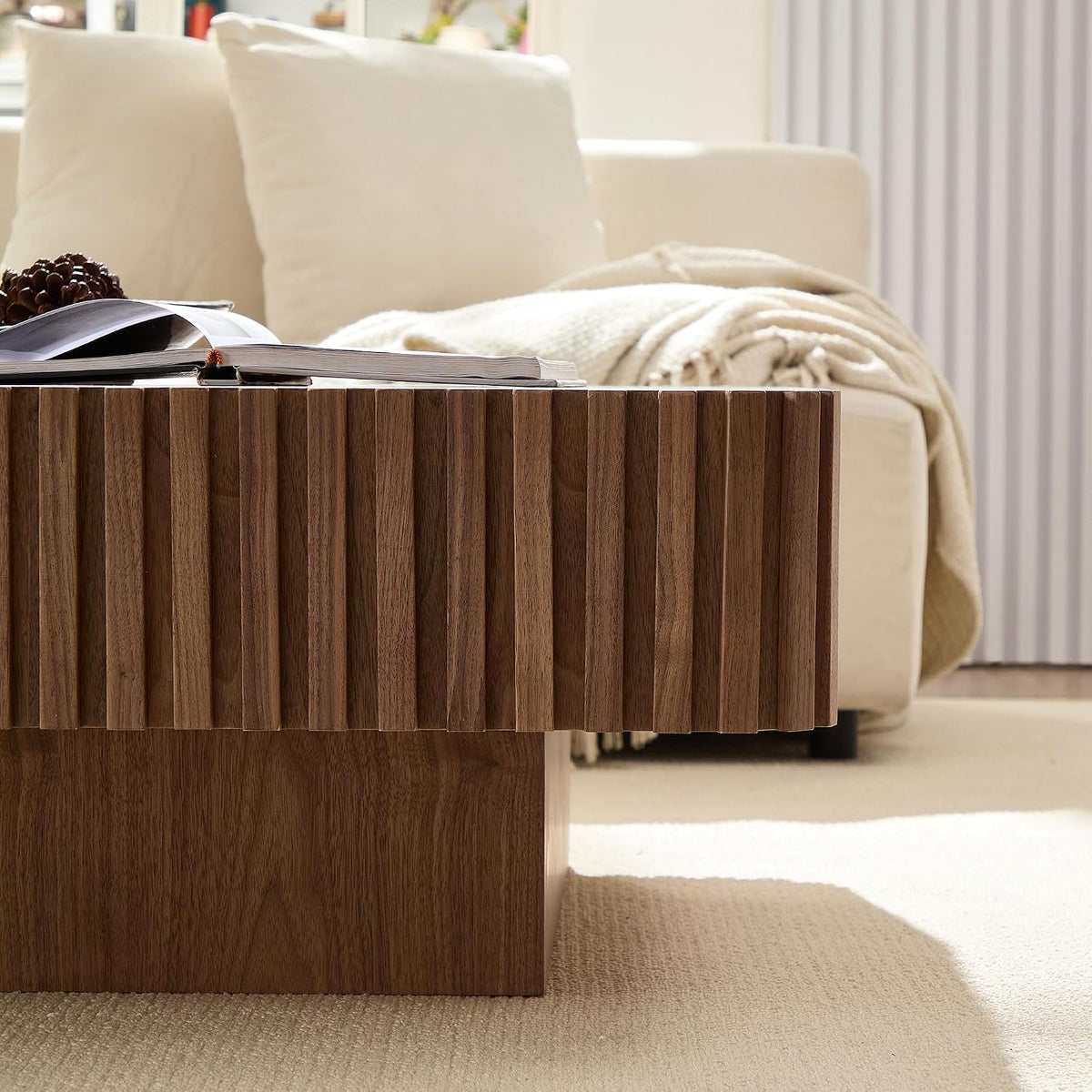 35.43' Modern Handcraft Square Drum Coffee Table for Living Room,Small Wooden Coffee Table with Sturdy MDF Pedesta, Walnut Color