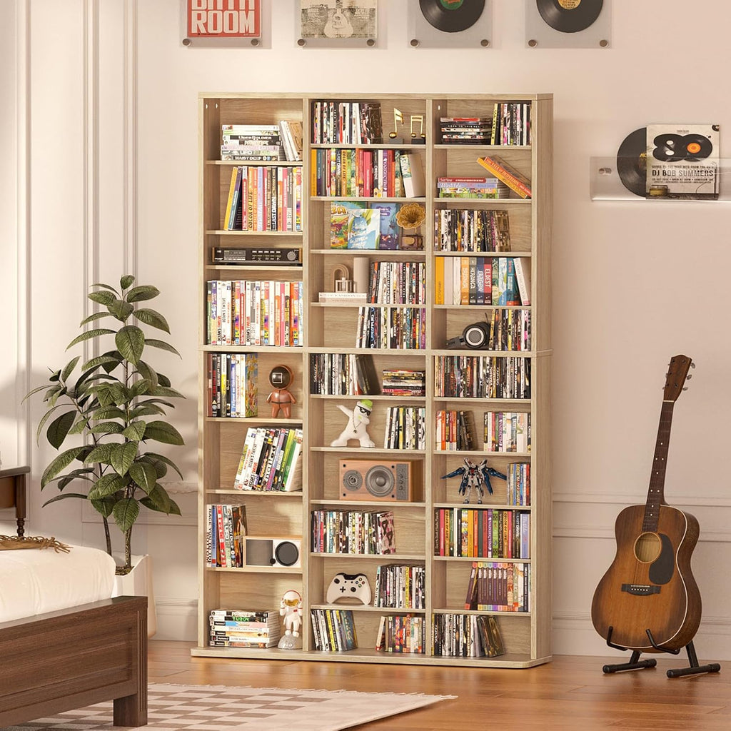 11 Tier Tall Display Cabinet, Natural Media Storage Cabinet with Adjustable Shelves, Free Standing DVD Organizer Shelf, Floor multimedia storage manga bookshelf for Living Room & Home Office.