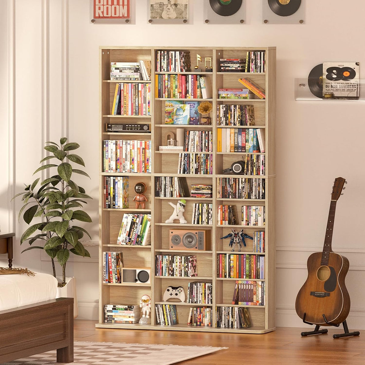 11 Tier Tall Display Cabinet, Natural Media Storage Cabinet with Adjustable Shelves, Free Standing DVD Organizer Shelf, Floor multimedia storage manga bookshelf for Living Room & Home Office.