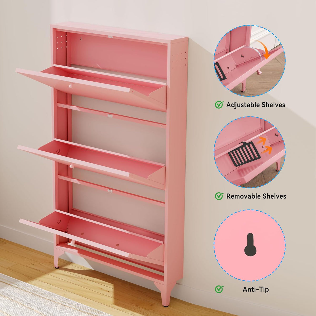 Freestanding Shoe Cabinet with 3 Flip Drawers-Metal Narrow Shoe Rack for Entryway,Hallway,Living Room-Hidden Metal Shoe Cabinet (3 Door Width 27.56, Pink)