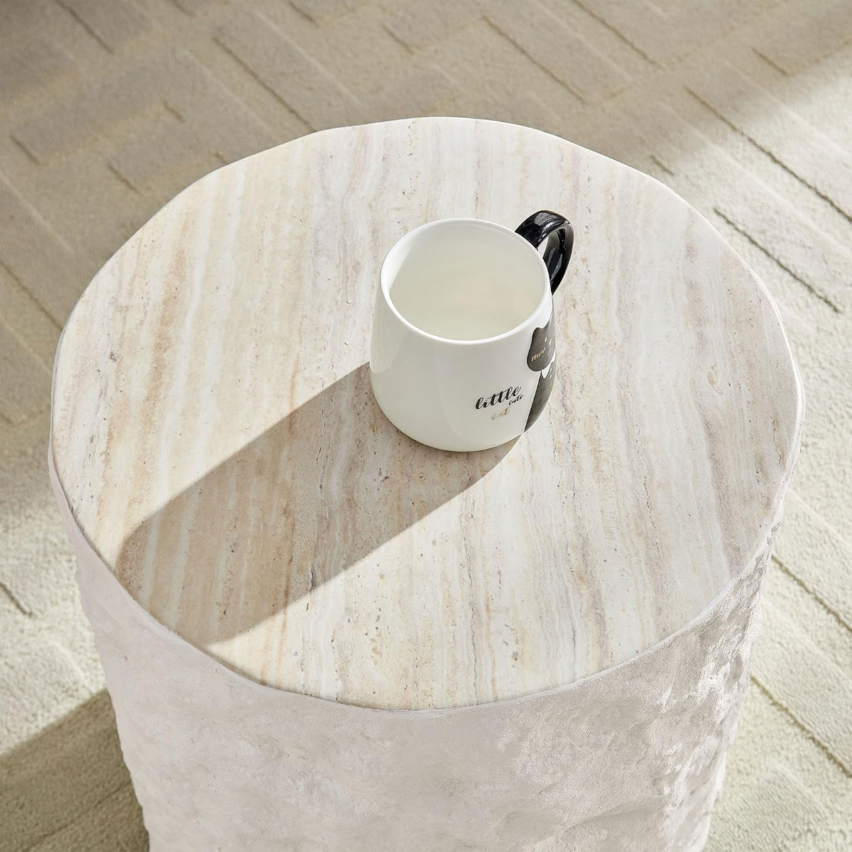 15.75' Round Fiberglass Side Table, Modern Imitation Stone Coffee Table for Living Room & Bedroom, Beige, No Assembly Required