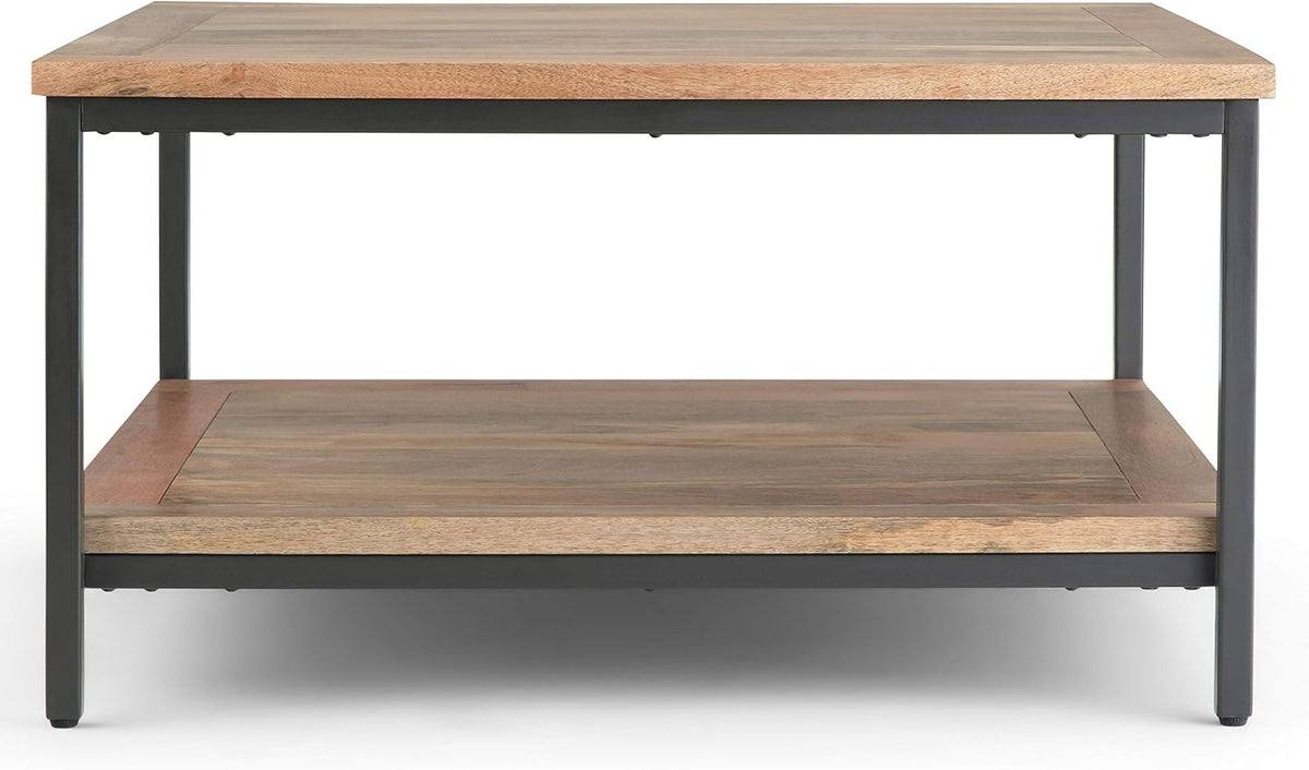 SIMPLIHOME Skyler Square Coffee Table - 34 inch Wide Solid Mango Wood and Metal Living Room Table in Natural, Industrial Center Table for Family Room or Lounge with Open Shelf and Black Frame