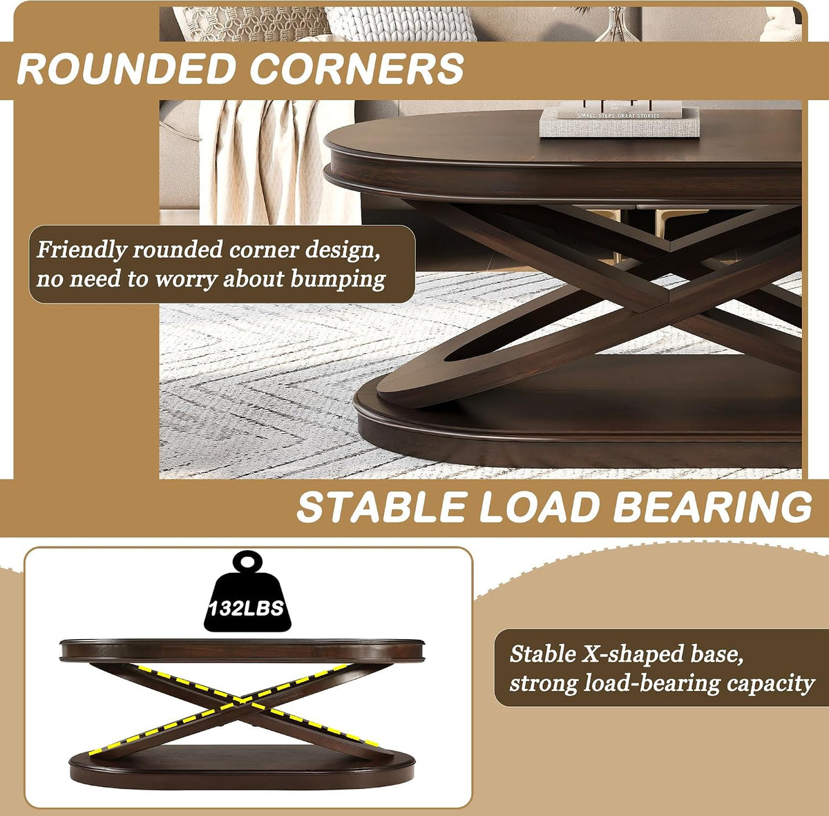 44 Inch Wood Oval Coffee Table with X-Shaped Base,Cocktail Table with Open Storage, Sofa Center Table for Living Room, Home Office