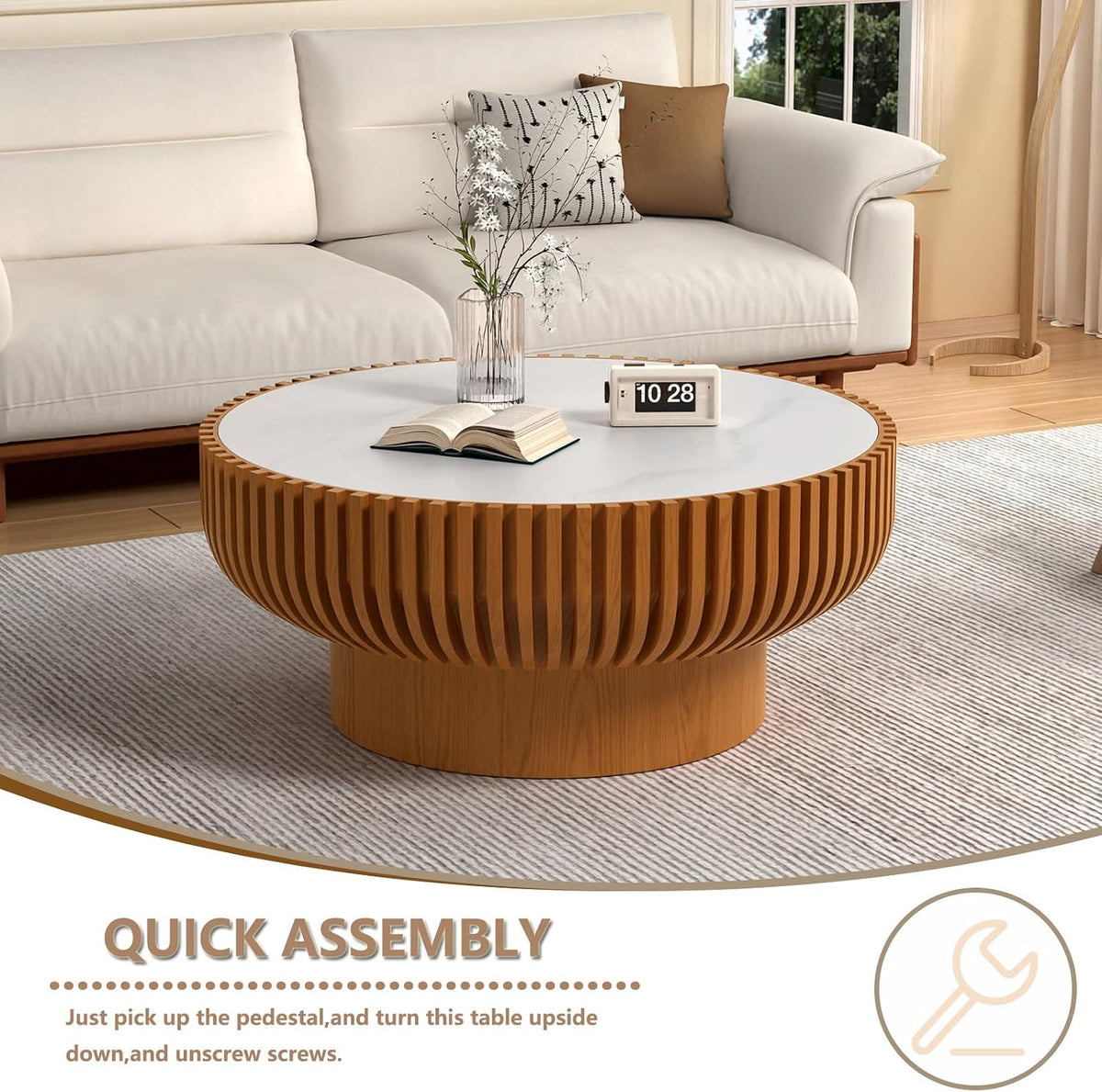 Round Handcraft Fluted Coffee Table with Sturdy Stable Pedestal Modern Luxury Drum Center Table Circle Accent Base Center Tables for Living Room Apartment (R)