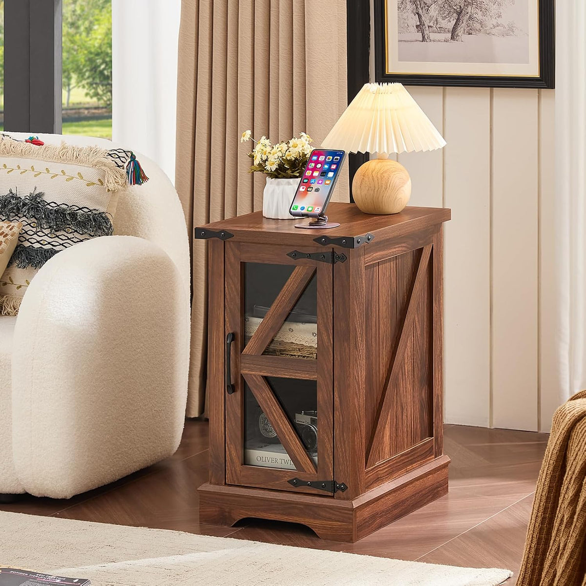 Joaxswe Farmhouse Coffee Table Sets 3 Pieces, Narrow Night Stand with Glass Barn Door Storage, Large Coffee Tables with Hidden Storage Organizer, Wood Furniture Sets for Living Room, Office, Brown