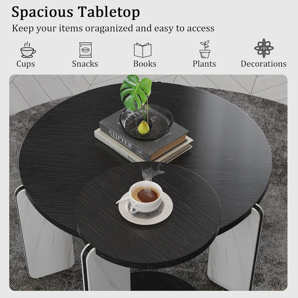 Modern Nesting Coffee Table Set of 2, 2-Piece Modern 32.68' & 16.93' Round Living Table Set with Black Oak Veneer Surface 25mm MDF and White+Black Sintered Stone Legs for Living Room