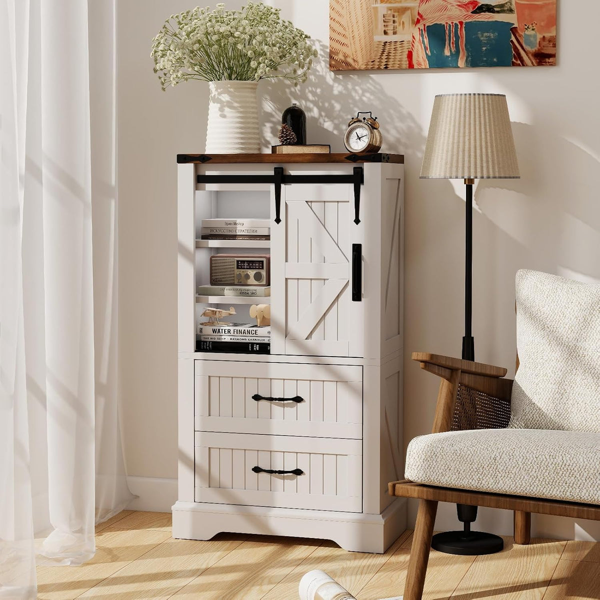 LOKO Farmhouse Bathroom Floor Cabinet, Freestanding Storage Cabinet with Sliding Barn Door, Adjustable Shelves & 2 Storage Drawers, Wooden Storage Organizer for Living Room, Entryway, Kitchen, White &