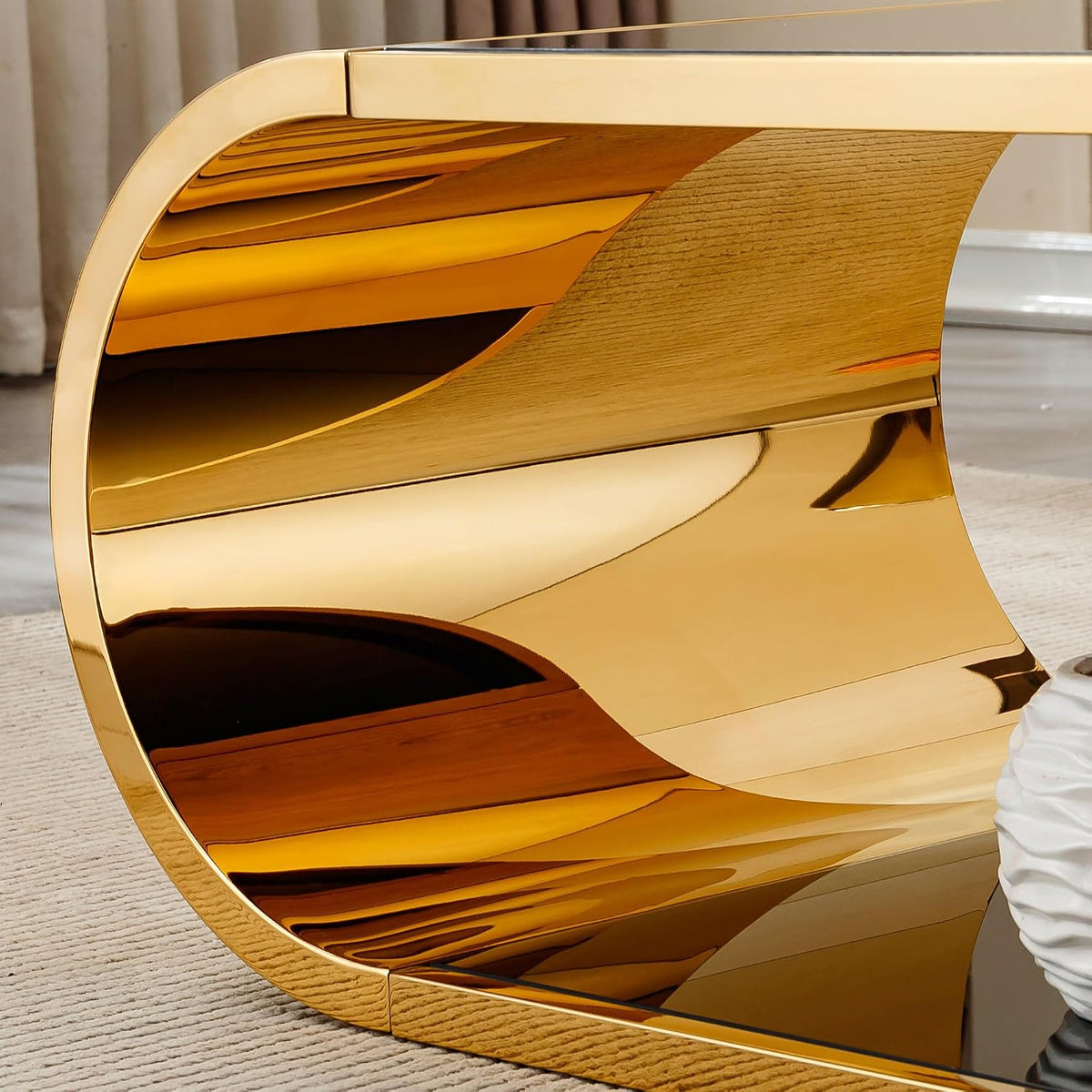 Luxrious Gold Coffee Table with Black Glass Top Living Room Tea Table with Gold Stainless Steel Base,57'