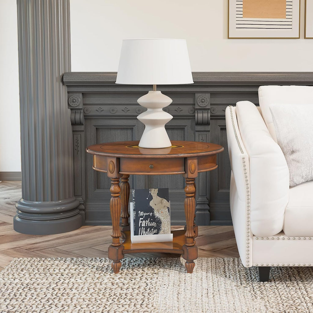 Large Oval End Table with Drawer, Sofa Side Table with Storage Shelf, Solid Wood Beside Table with Unique Floral Tabletop, Home Table for Living Room,Beeswax No-Tools Install CJZ1533MG