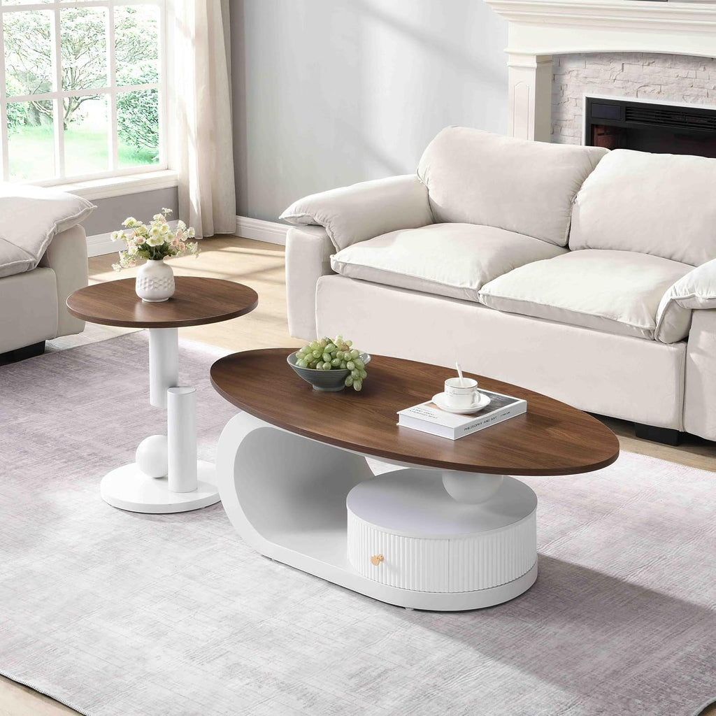 Modern Nesting Coffee Table Set of 2, 2-Piece Oval Decorative Living Room Table Set with Brown Wooden Top and White Metal Base and 1 Drawer, Oval Coffee Table and Round End Table Set