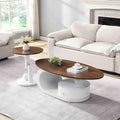 Modern Nesting Coffee Table Set of 2, 2-Piece Oval Decorative Living Room Table Set with Brown Wooden Top and White Metal Base and 1 Drawer, Oval Coffee Table and Round End Table Set