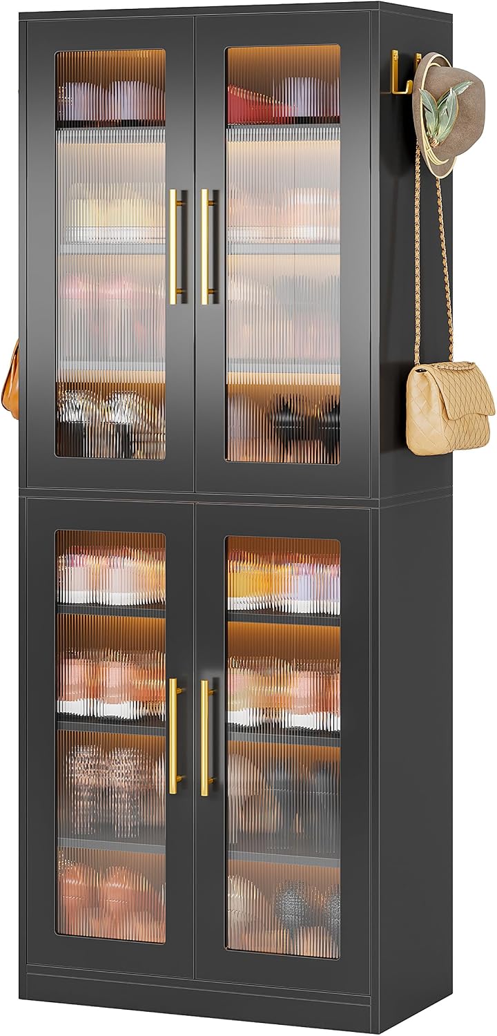 Tribesigns Black Shoe Storage Cabinet with Acrylic Doors and LED Lights, 8-Tier Tall Entryway Shoe Organizer Rack with Adjustable Shelves & Hanging Hooks for Narrow Closet, Hallway, Living Room