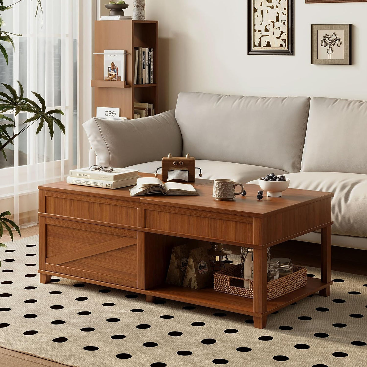 Mid Century Modern Farmhouse Lift Top Coffee Table,Rectangular Storage Coffee Tables with Lifting Top,Hidden Compartment,Open Shelf & Adjustable Desktop,Walnut Wood Coffees Table for Living Room