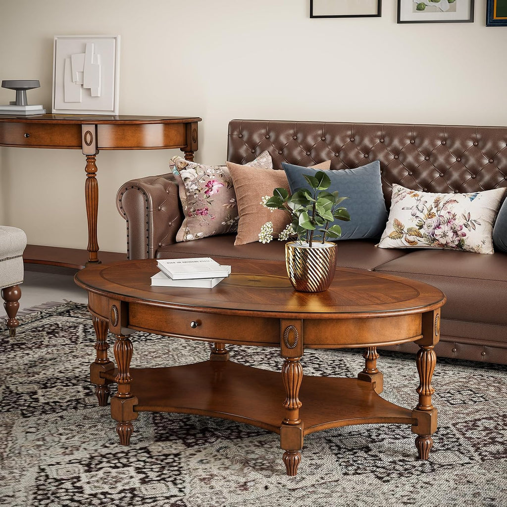 Solid Wood Oval Coffee Table with Drawer, Patterned Top and Vintage Carved Edge, 45' x 18' Center Table in Caramel Brown for Living Room