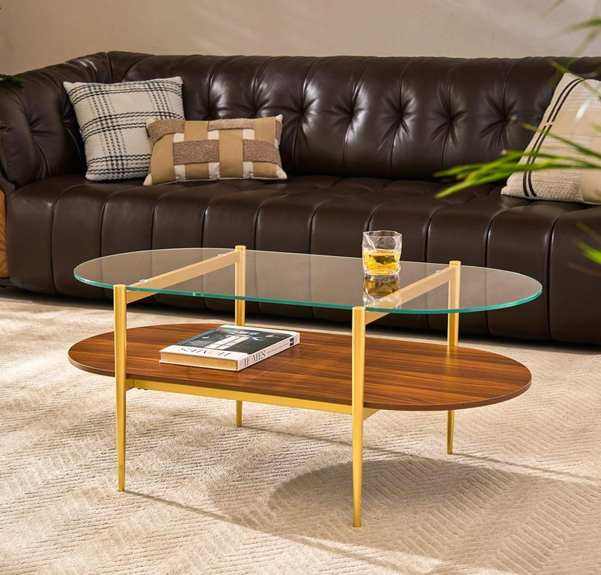 AGV LIGHTING Oval Rectangle Coffee Table with Clear Glass Top, 2 Tier Mid-Century Modern Coffee Table, Walnut MDF Shelf and Glod Metal Legs, Capsule Shape Coffee Table for Living Room, 42 Inch