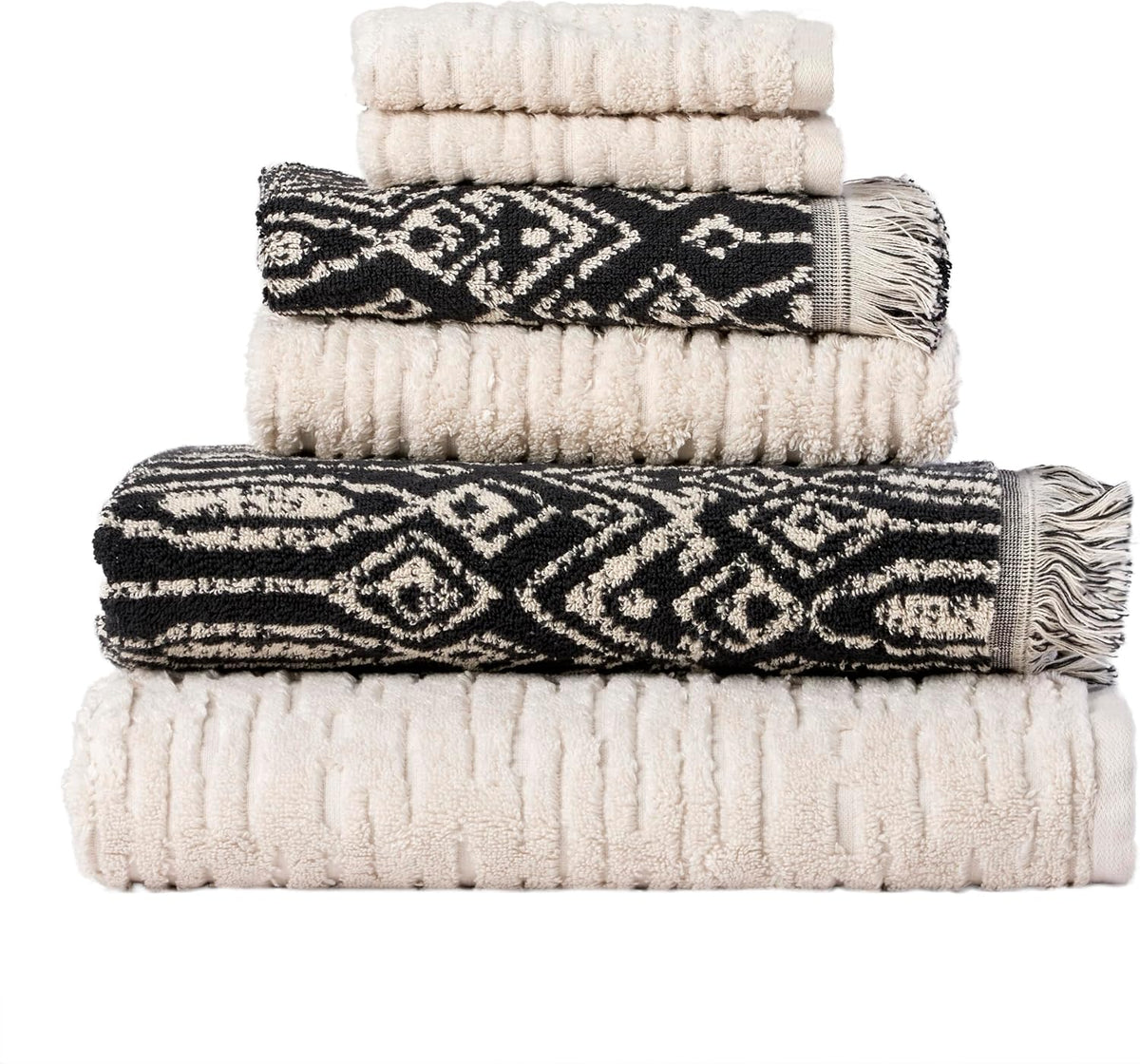 SKL Home CloudSoft/Nador 100% Cotton Luxury 6-Piece Towel Set - 600 GSM, Ultra Plush & Absorbent, Reversible - 2 Bath Towels, 2 Hand Towels, 2 Washcloths, Oatmeal/Black