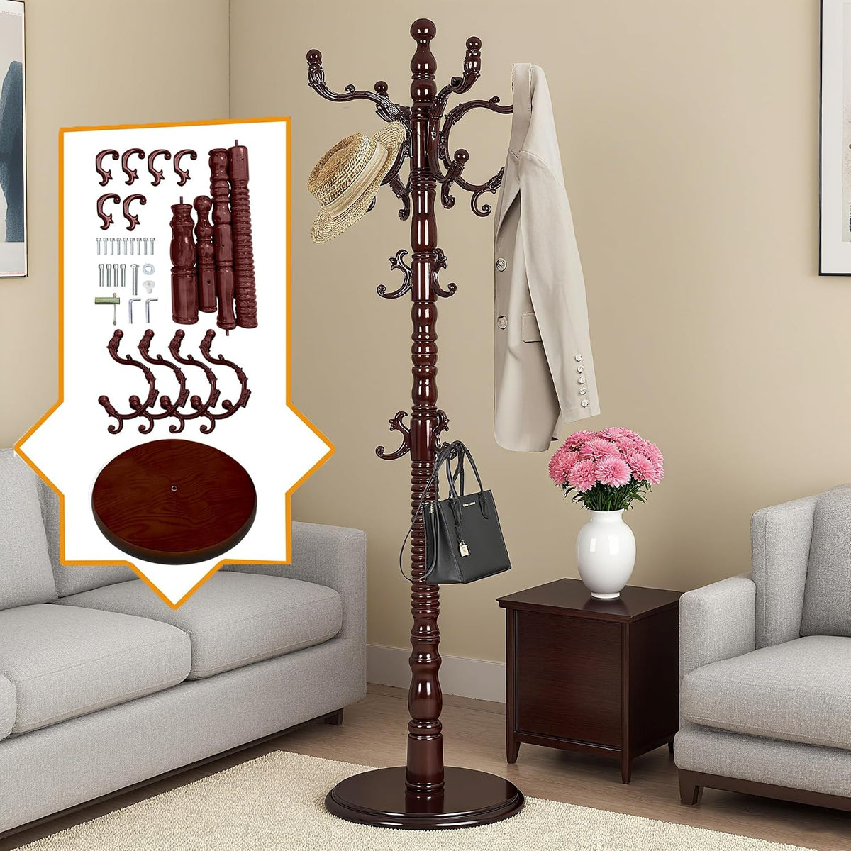 73'Vintage Wooden Coat Rack Freestanding,With 14 Hooks and Sturdy Round Base.Sturdy and Durable Standing Coat Racks，Adjustable Wooden Freestanding Coat Rack for Offices, Bedrooms (Mahogany)