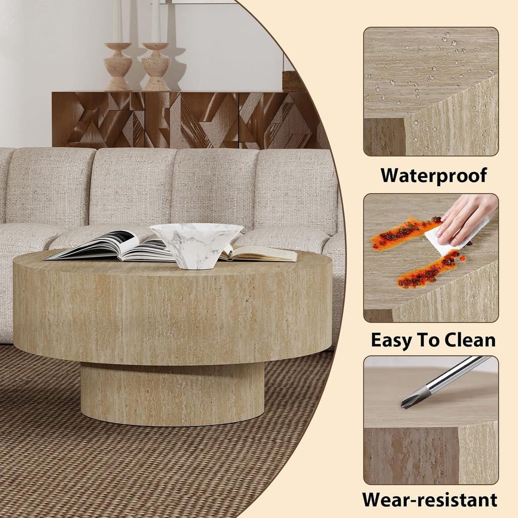 JHKZUDG Modern Wood Coffee Table Handcrafted Fluted Drum Coffee Tables Wooden Oval Center Table with Sturdy Pedestal for Living Room Apartment (Travertine Round)