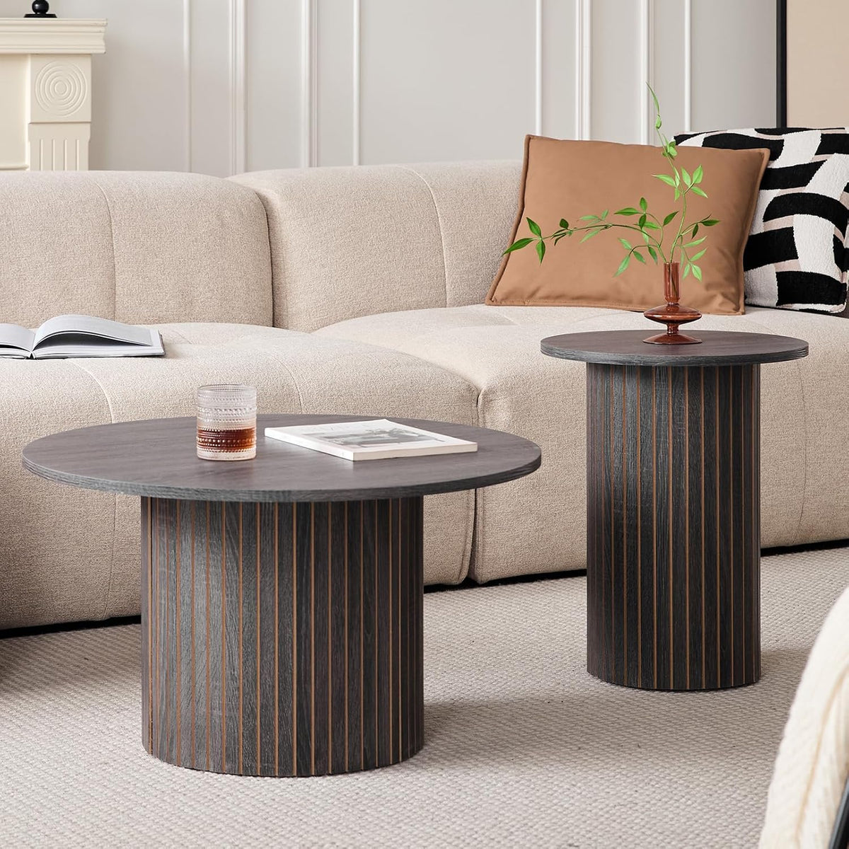 Round Nesting Coffee Tables Set of 2 -φ27.6 Large Short + φ15.8 Small Tall Boho Circle Side Tables with Fluted Drum Design, Black