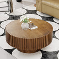 Round Drum Coffee Table 31.5' Wooden Coffee Tables Handcrafted Fluted Drum Coffee Table Modern Luxury Circle Center Table Vintage Farmhouse Center Table for Living Room (Round Dark Brown)