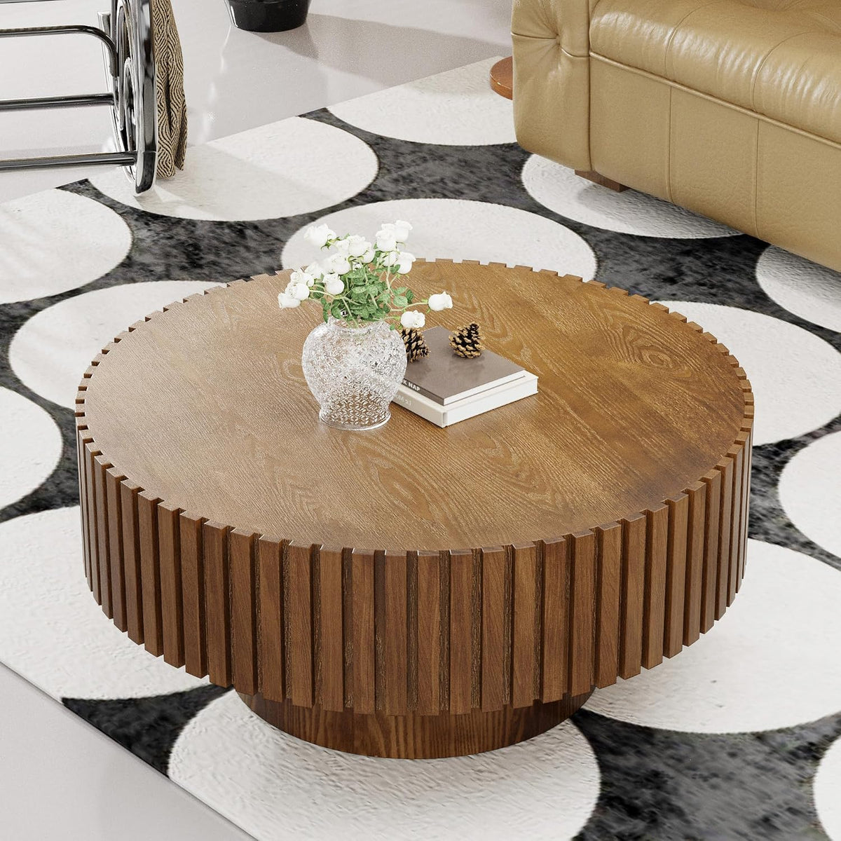 Round Drum Coffee Table 31.5' Wooden Coffee Tables Handcrafted Fluted Drum Coffee Table Modern Luxury Circle Center Table Vintage Farmhouse Center Table for Living Room (Round Dark Brown)