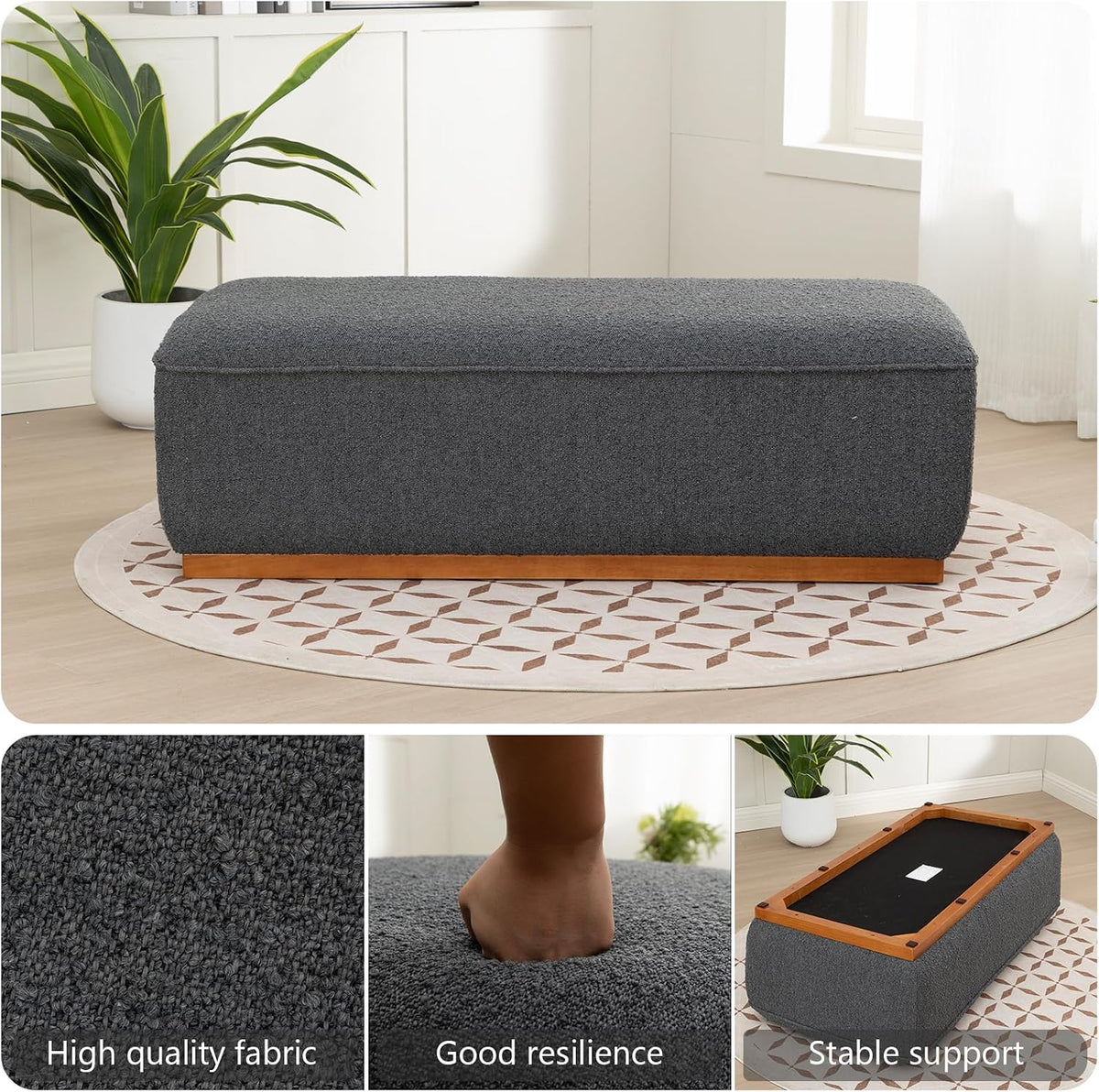 Rectangular Ottoman Coffee Table 30' Premium Fabric upholstered Coffee Table with high Density Foam and Solid Wood Frame, Stylish and Practical Living Room Furniture, Grey