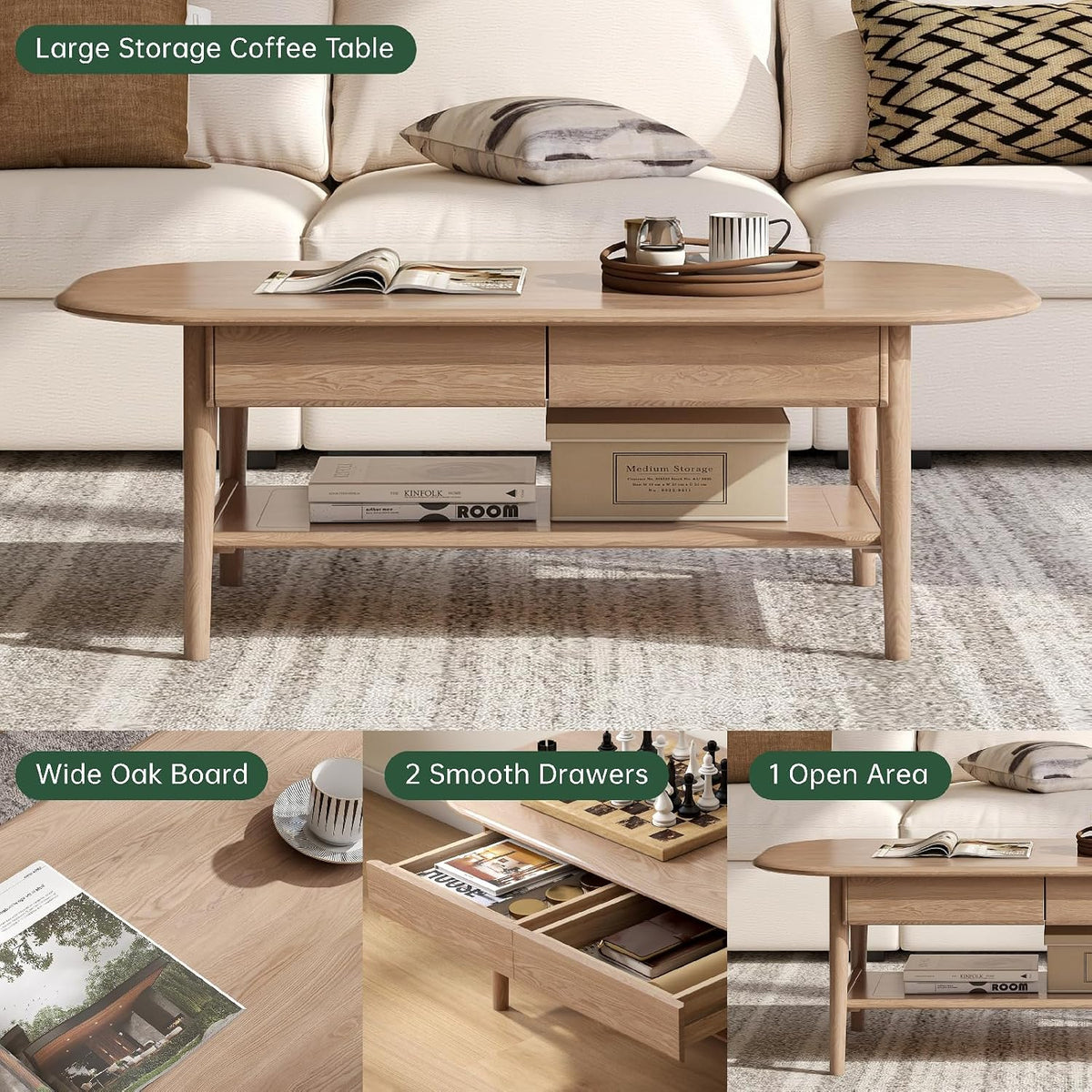 100% Solid Wood Coffee Table for Living Room, 2-Tier Coffee Table with 2 Drawers and Shelf Storage, Mid Century Modern Table for Home (Mandshurica Natural Wood, 47.24''W x 22.05' D x 16.54' H)