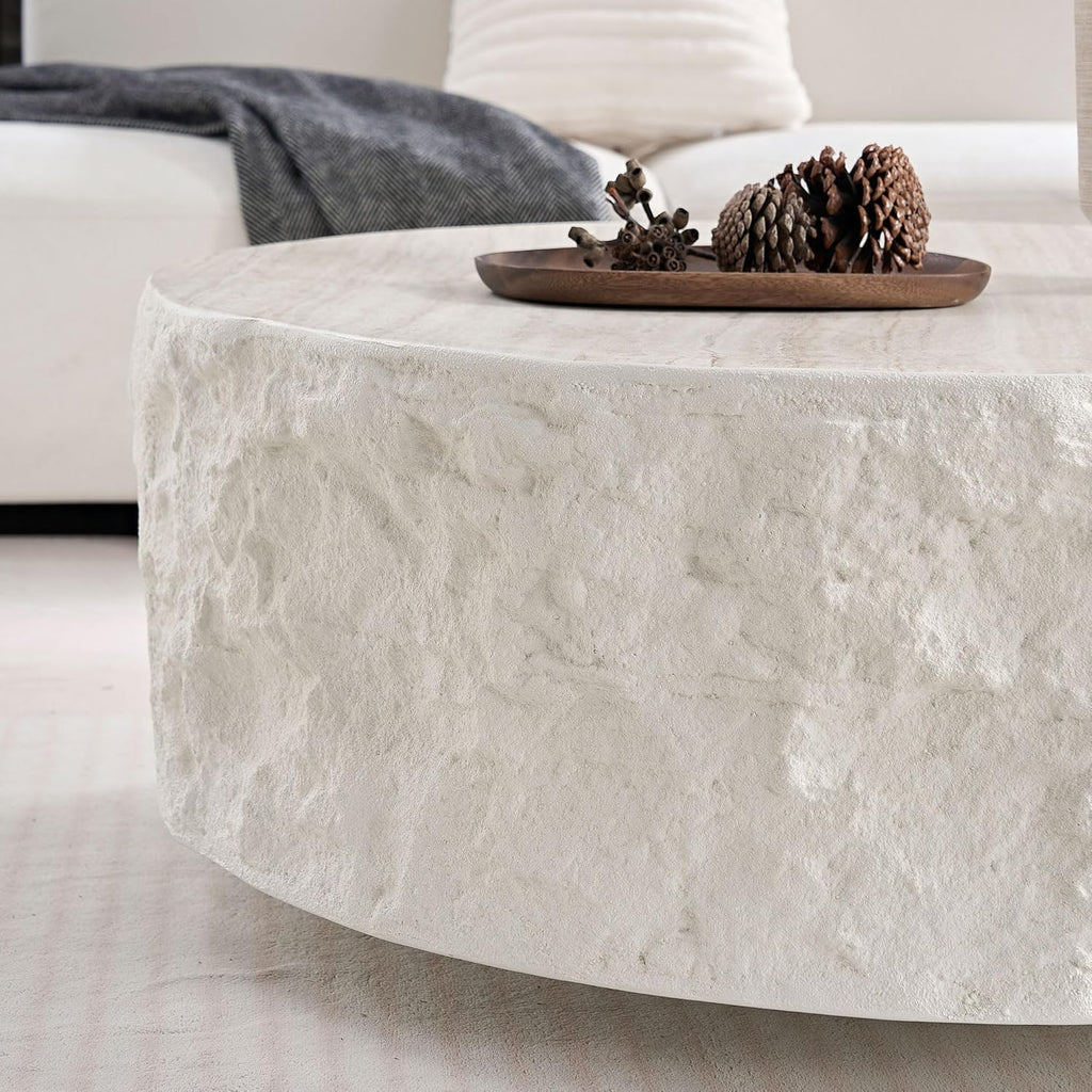 35.43' Modern Round Travertine Coffee Table, Faux Marble Center Table, Stone Accent Table, Concrete Coffee Table for Living Room, Apartment, Office, No Need Assembly (35.43', Round)
