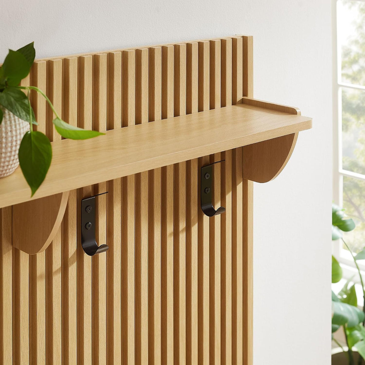 Modway Render Modern Fluted Wood Coat Rack Panel in Light Oak with Shelf and Hooks – Wall-Mounted Entryway Organizer for Hallway, Mudroom, or Foyer