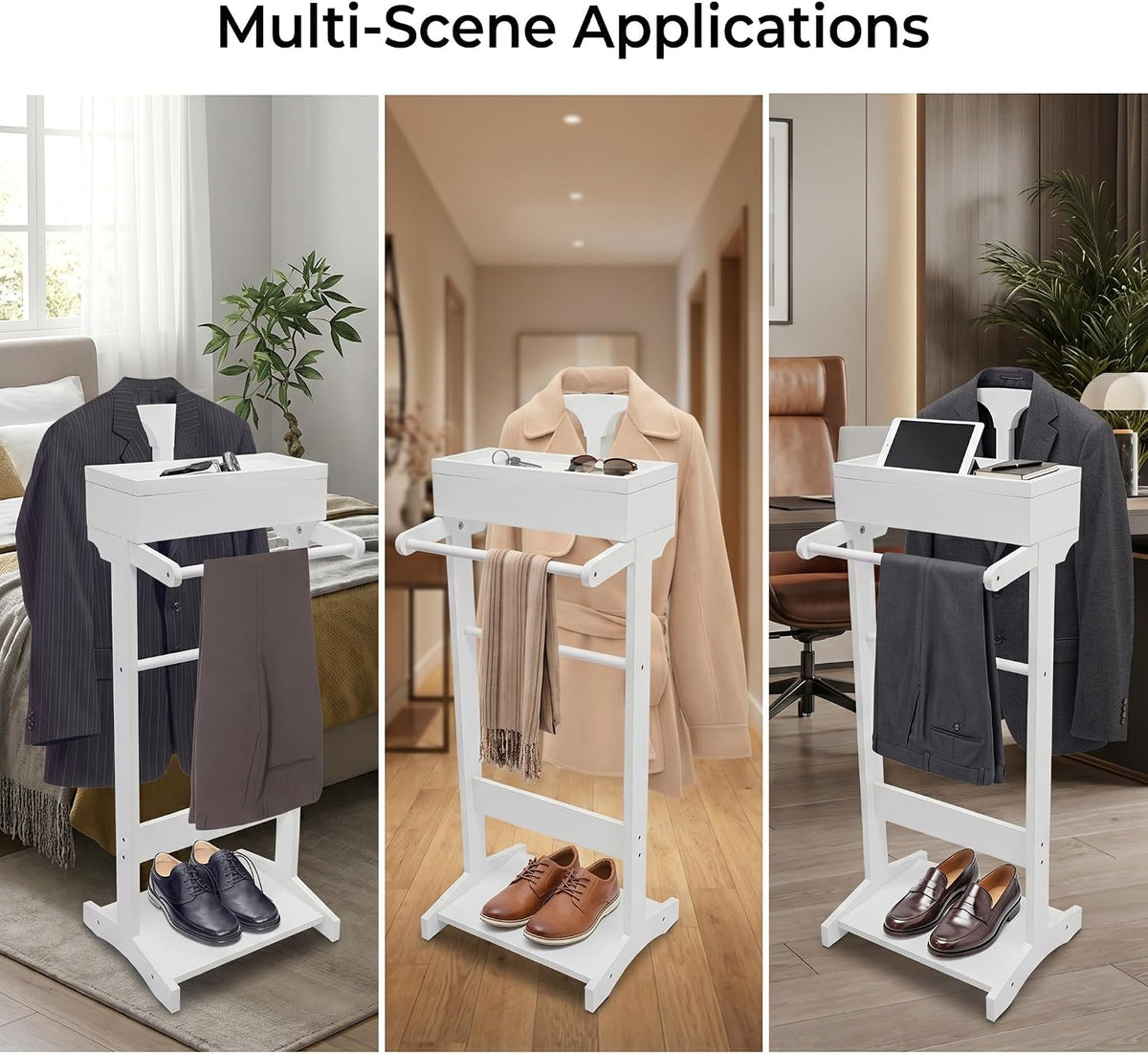 TFCFL Suit Valet Stand, Wooden Suit Rack for Men and Women, Clothes Valet Stand with Drawer & Trouser Holder, Mens Valet Stand, Valet Stand for Bedrooms, Living Rooms, Hallways, Foyers (White)
