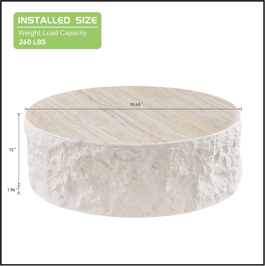 KEVINSPACE Round Coffee Table Modern Stone Coffeetable for Living Room Concrete Beige Circle Coffee Tables Drum ShapedCoffeeTable Fiberglass CenterTable Office, Fully Assembled, 35.5' W x14 H