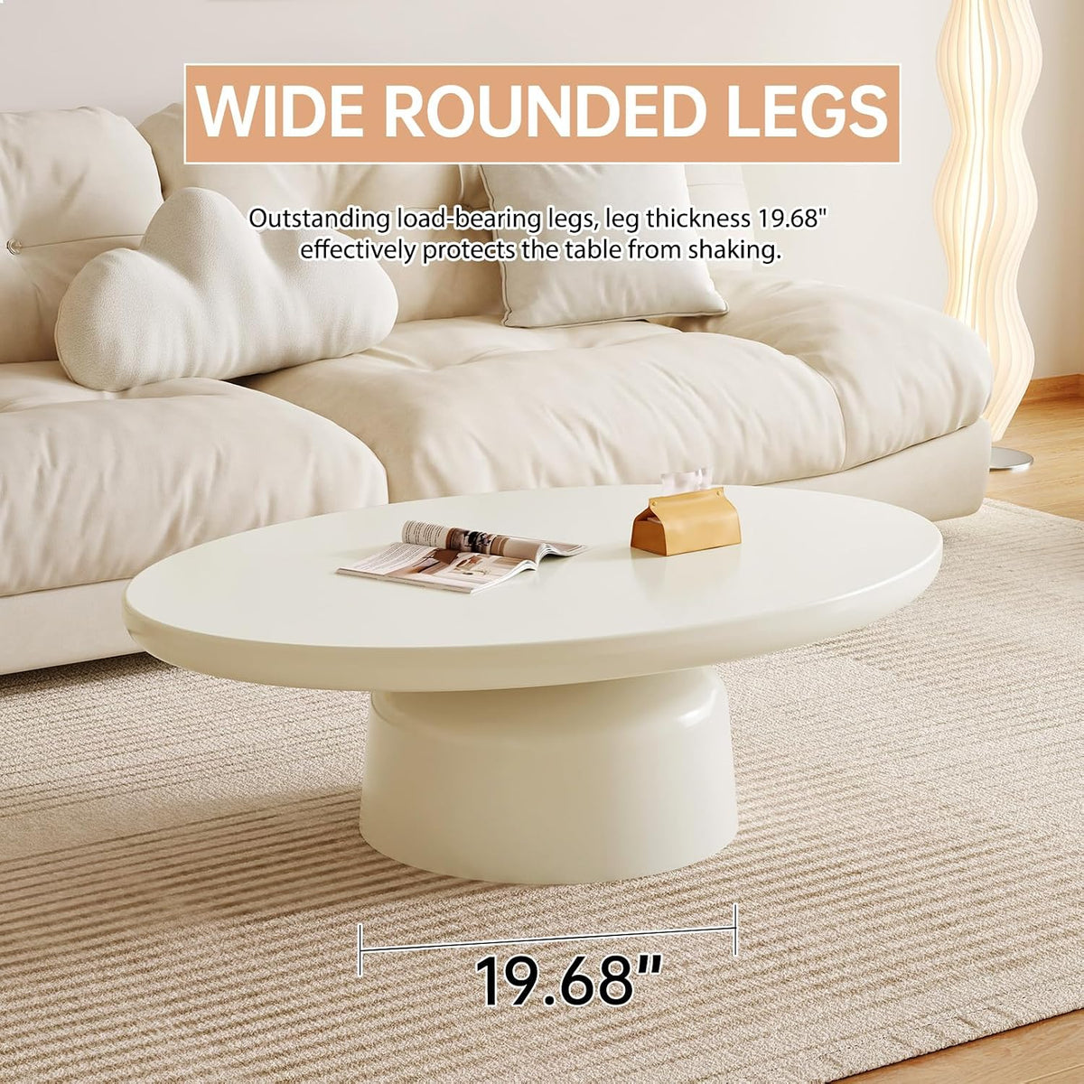 White Oval Coffee Table, 45.66' Cream White Modern Coffee with Sturdy Pedestal for Bedroom,Living Room & Small Spaces