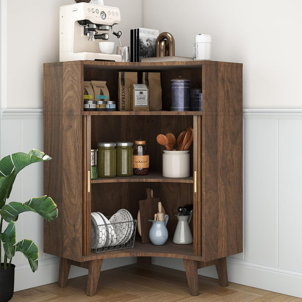 Fluted Corner Cabinet with Open Storage, Modern Floor Cabinets with Sliding Doors and 2-Tier Shelves, Freestanding Narrow Organizer for Small Space,Living Room, Dining Room,Walnut