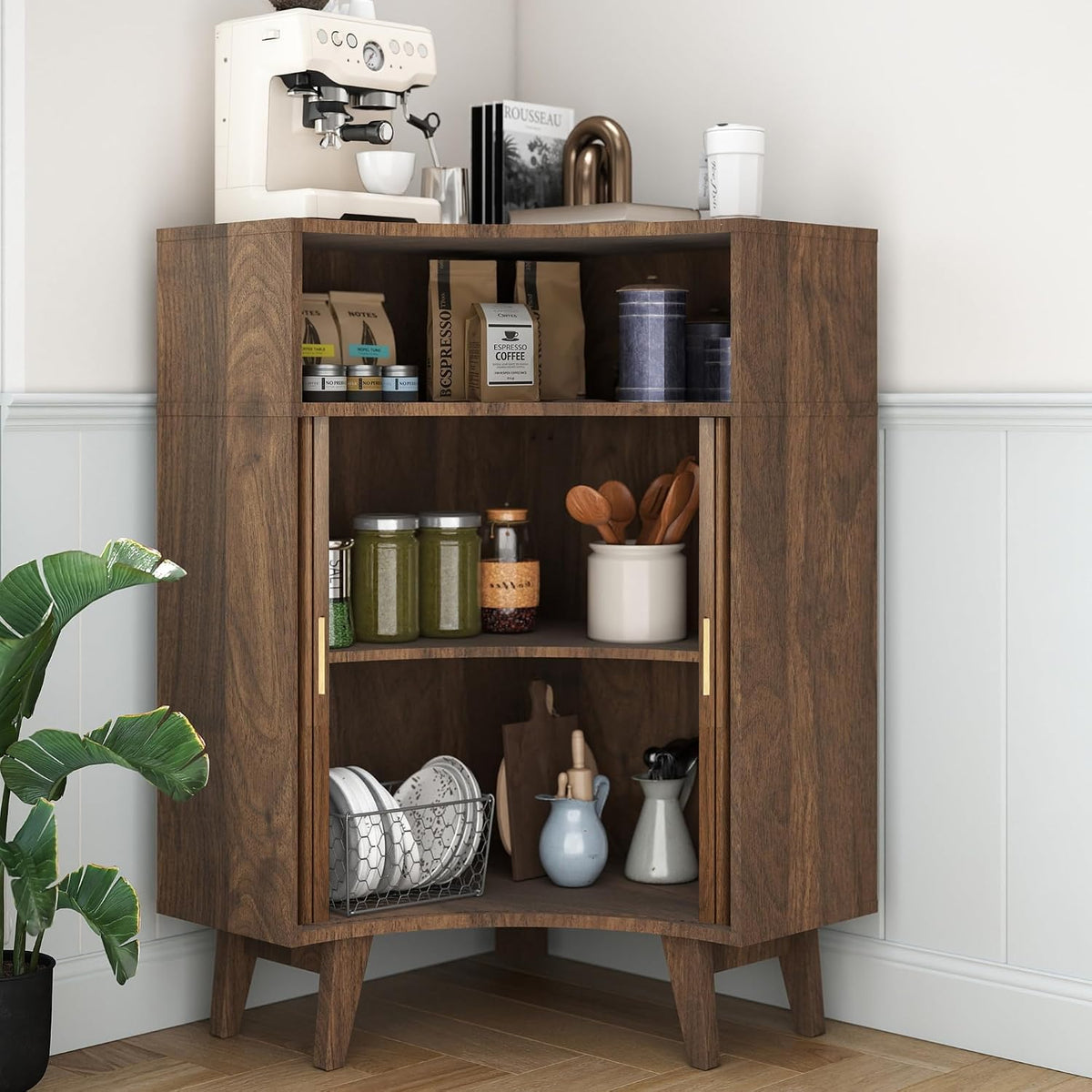 Fluted Corner Cabinet with Open Storage, Modern Floor Cabinets with Sliding Doors and 2-Tier Shelves, Freestanding Narrow Organizer for Small Space,Living Room, Dining Room,Walnut