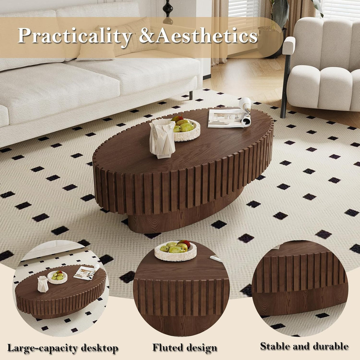 Handcrafted Oval Fluted Coffee Table, Modern Mid Century Minimalist Elegant Drum Oval Coffee Table with Sturdy Pedestal for Living Room Apartment (L)